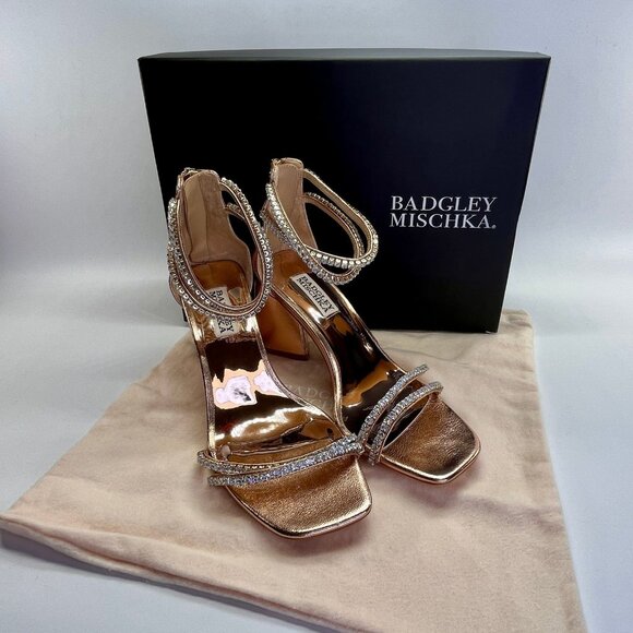 Badgley Mischka Lillie Block Heel Sandals Size 7 Rose Gold Crystal Embellished - Picture 1 of 16